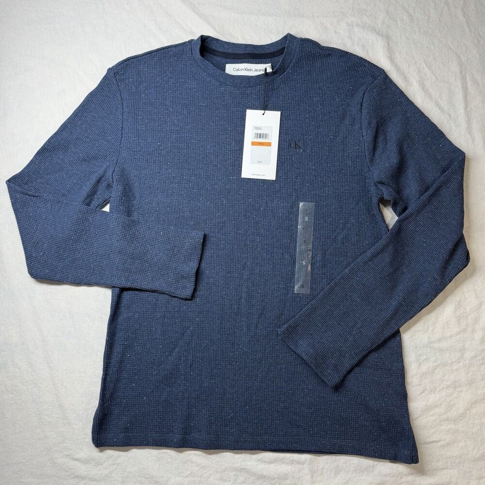 Calvin Klein Jeans Men's Waffle Texture Henley Long Sleeve Shirt Blue Small New